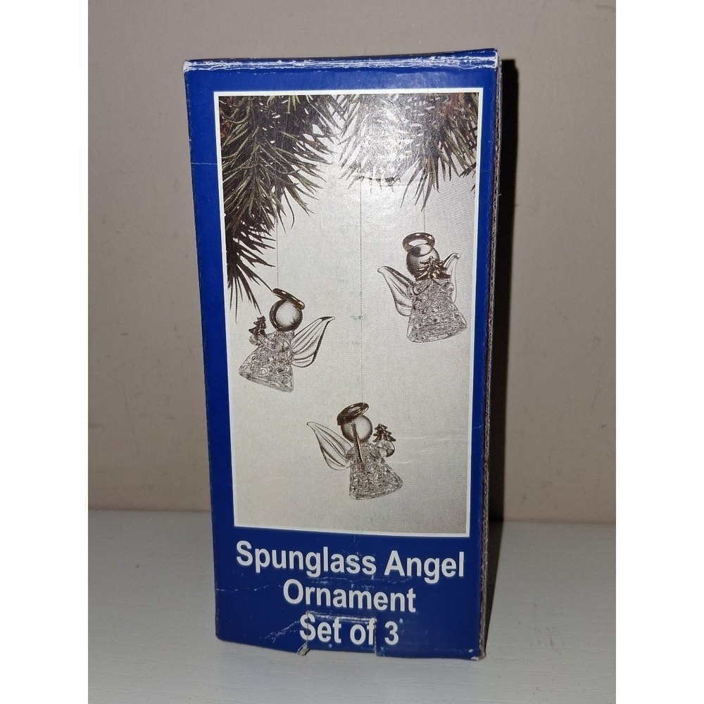 Spunglass Angel Ornament Set of 3 Clear Glass Christmas Angels w/ Box 2"